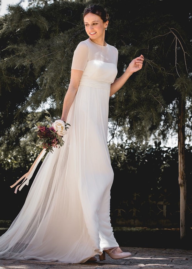 Simple A-Line Tulle Wedding Dresses with Sheer Neckline and Short Sleeves
