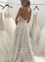 Sparkly Embroidery Wedding Dresses Nude Lining Deep V-Neck Luxury Bridal Gowns Fashion Backless Vestido De Noiva