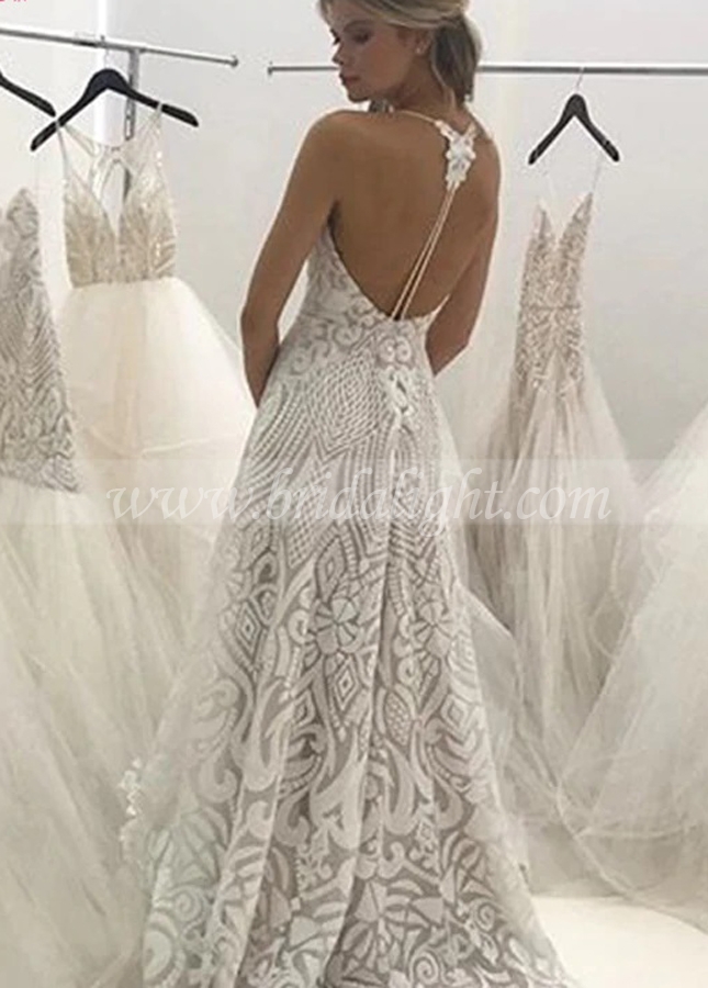 Sparkly Embroidery Wedding Dresses Nude Lining Deep V-Neck Luxury Bridal Gowns Fashion Backless Vestido De Noiva