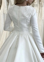 Square Neck Satin Wedding Dress Long Sleeves Lace Appliques