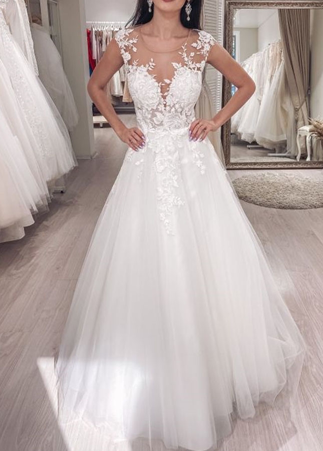Scoop Neck A-line Floor Length Tulle Bridal Gown