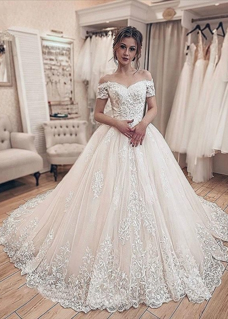 Short Sleeves Lace Off Shoulder Appliques Wedding Gowns