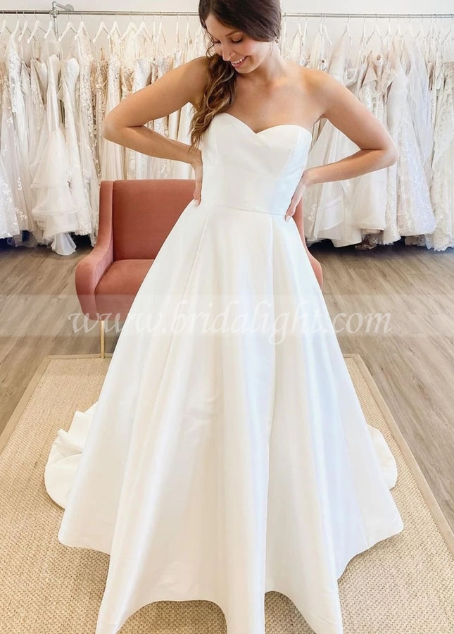 Simple Satin Sweetheart Neckline A-line Wedding Dresses With Removable Lace Jacket