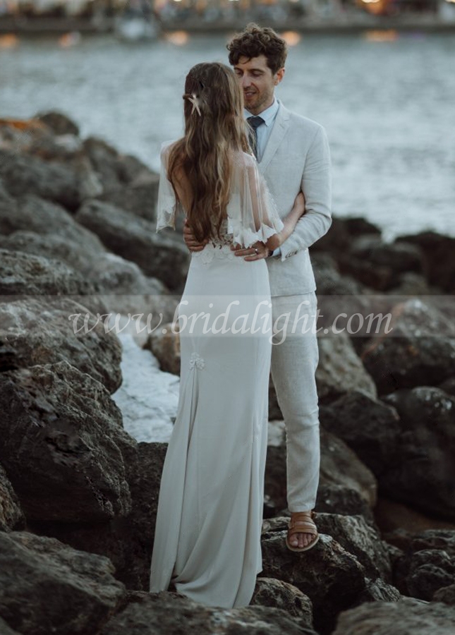 Simple Mermaid Wedding Dresses Soft Satin Elegant Brides Gowns With Short Sleeves