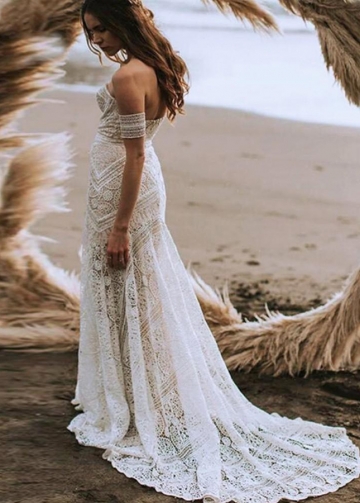 Sexy Boho Beach Soft Ivory Lace Wedding Dress 2022