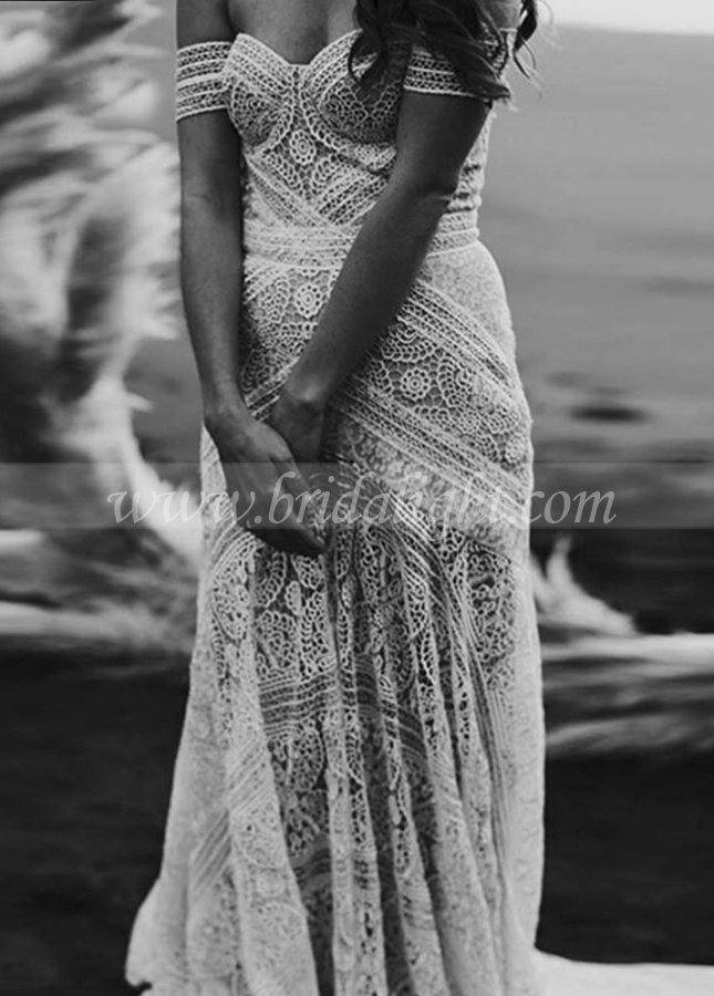 Sexy Boho Beach Soft Ivory Lace Wedding Dress 2022