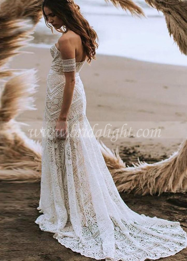 Sexy Boho Beach Soft Ivory Lace Wedding Dress 2023