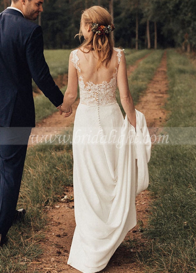 Simple Crepe Bridal Gowns with Train