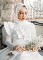 Satin White Muslim Wedding Bridal Dress Long Sleeves High Neck Arabic Dress