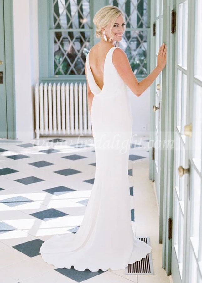 Simple Elegant Ivory Satin Sheath Sleeveless Cowl Neckline Wedding Dresses