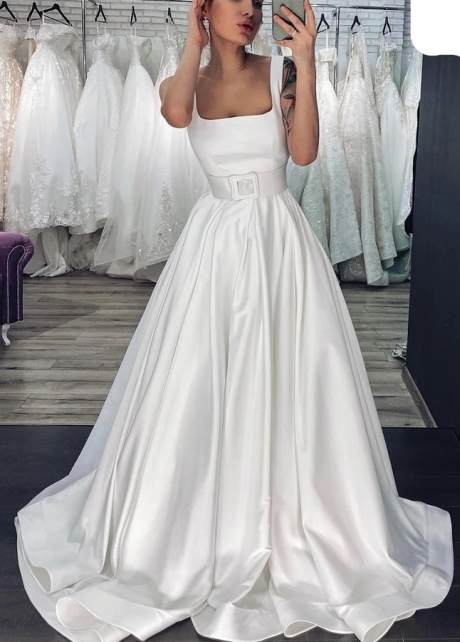 Simple A-line Satin wedding dresses with Belt