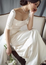 Satin Ivory Long Wedding Dresses Simple Style With Detachable Tail
