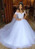 Tulle Off-the-shoulder White Wedding Gown with Beaded Belt
