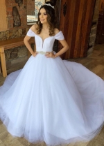 Tulle Off-the-shoulder White Wedding Gown with Beaded Belt
