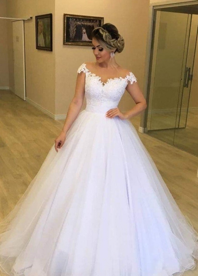 Tulle Skirt White Wedding Dress with Transparent Capped Sleeves