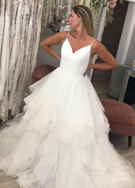 Thin Straps Tulle Wedding Dress Styles Pleated Bodice