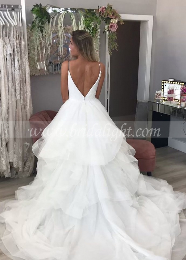 Thin Straps Tulle Wedding Dress Styles Pleated Bodice
