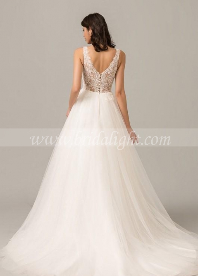 Tulle Skirt A-line Ivory Wedding Dress Lace V-neckline