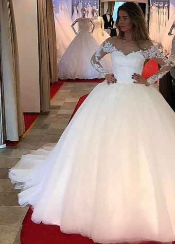 Tulle Ball Gown Wedding Dresses with Lace Long Sleeves