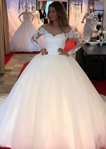 Tulle Ball Gown Wedding Dresses with Lace Long Sleeves