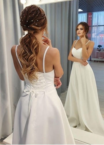 Thin Straps Ivory Bridal Gown with Lace Up Back