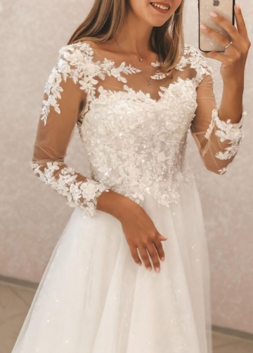 Tulle Beach Bridal Gown with Illusion Long Sleeves