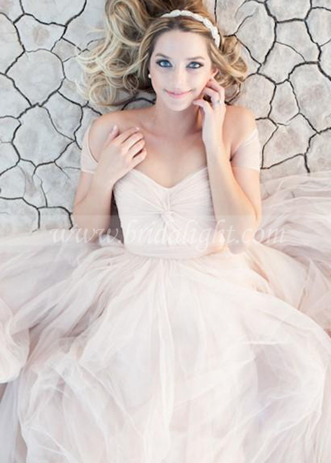 Tulle Blushing Pink Bride Dresses for Beach Weddings