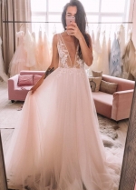 Tulle Beach Wedding Dresses with See-through Lace Bodice