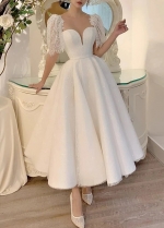 Tea Length Lace Bridal Dress Wedding Illusion Neck