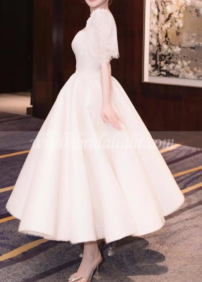 Tea Length Lace Bridal Dress Wedding Illusion Neck