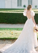 Tulle Sleeves Lace Wedding Gown with Removeable Skirt