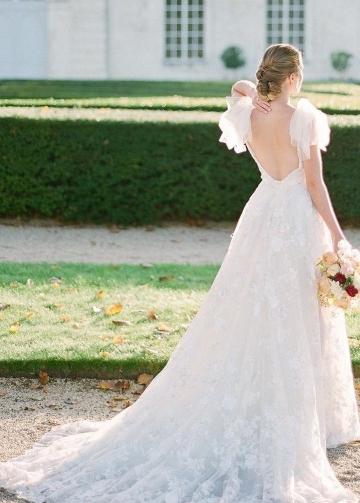 Tulle Sleeves Lace Wedding Gown with Removeable Skirt