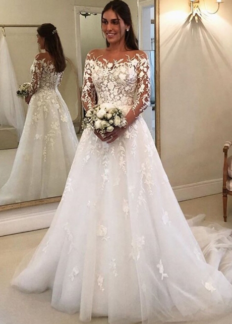 Transparent Lace Wedding Bridal Dress Long Sleeves