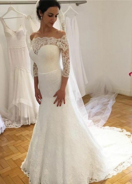 Traditional Off-the-shoulder Lace Wedding Dress with Sleeves