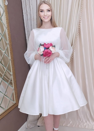 Tea Length A-line Wedding Dress with See Through Sleeves