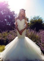 Tulle Skirt Mermaid Style Wedding Dress with Lace Off-the-shoulder Bodice