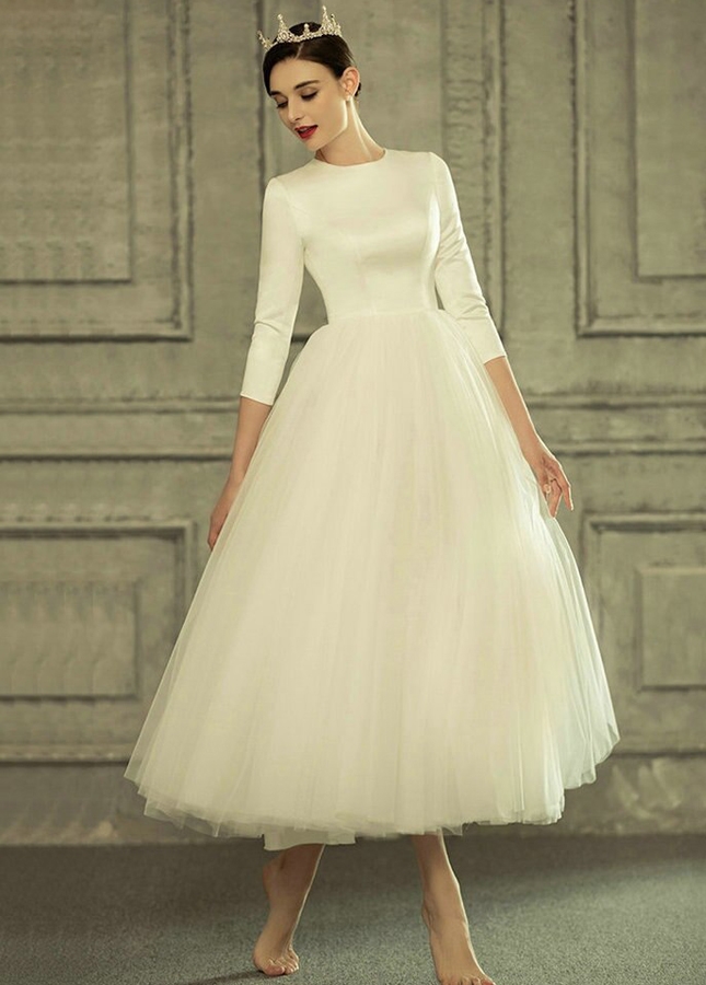 Tea Length A-line Wedding Dress with 3/4 Length Sleeves