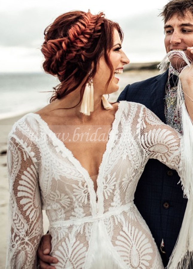 Tassel Lace Wedding Dress Bohemian Flare Sleeve de Noiva Boho Brautkleid