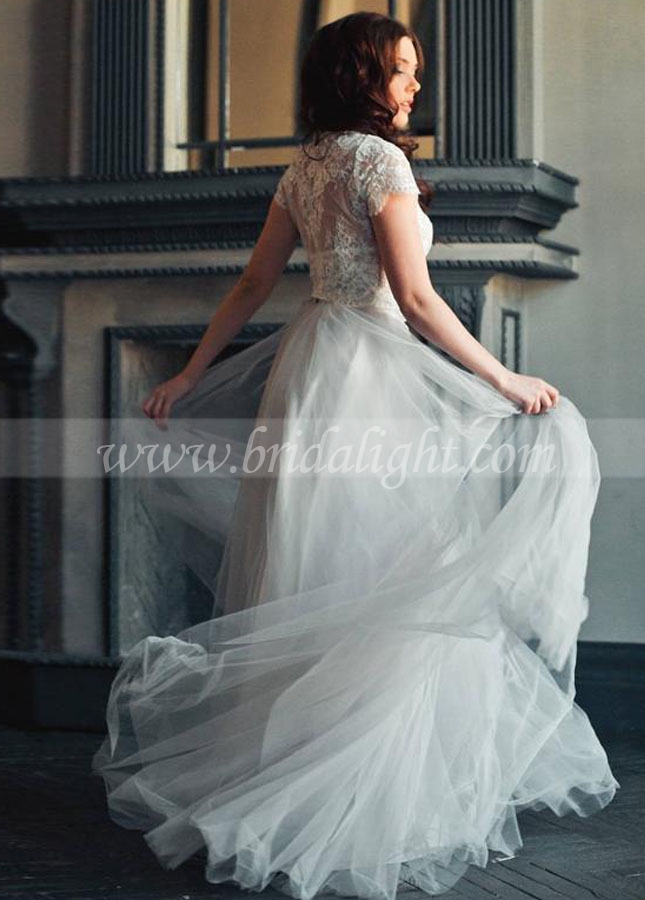 Two Piece Tulle Boho Wedding Dress Short Sleeves