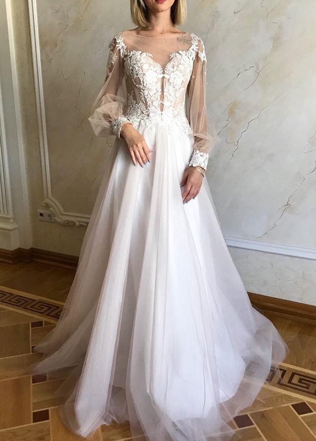 Tulle A-line Wedding Dresses With Illusion Sleeves