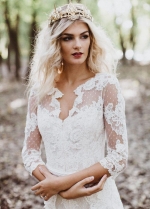 Tulle Lace Appliques V-Neck Three Quarter Romantic Bridal Gowns Vestido De Novia