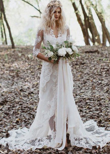 Tulle Lace Appliques V-Neck Three Quarter Romantic Bridal Gowns Vestido De Novia