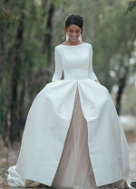 Two Piece 3/4 Length Sleeves Satin Wedding Dresses With Kakhi Skirt Bride Dress