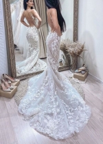 Unique Lace Mermaid Wedding Dresses Nude Lining Beach Bohemian Bridal Gowns Backless