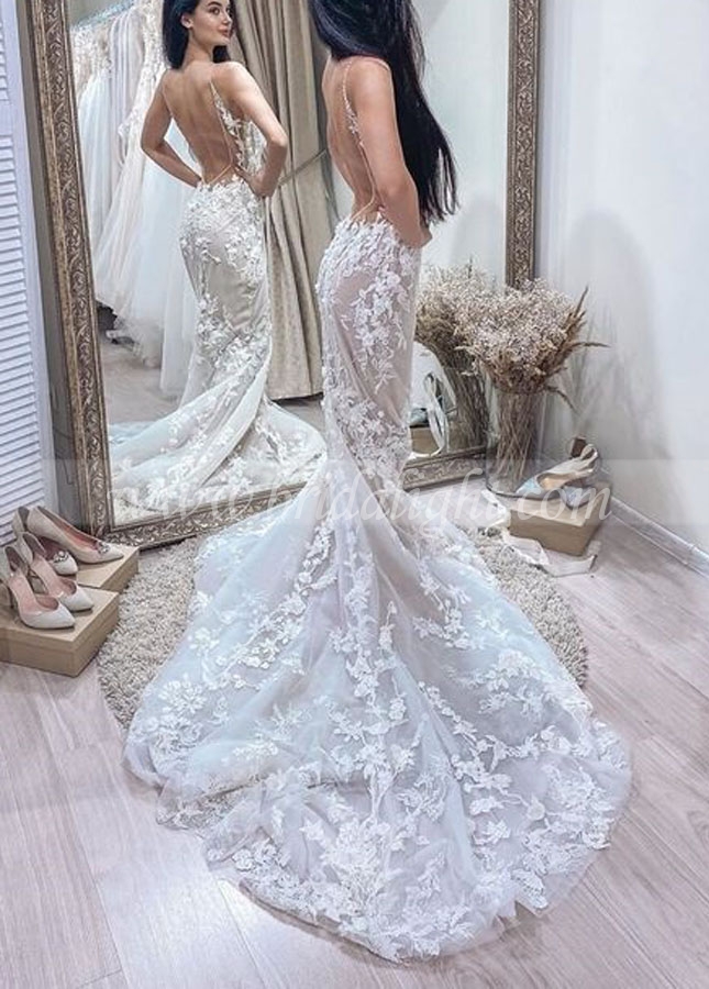 Unique Lace Mermaid Wedding Dresses Nude Lining Beach Bohemian Bridal Gowns Backless