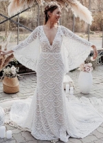 Unique Lace Wedding Dresses Bohemian Flare Sleeve Elegant Beach Bridal Gowns Mermaid