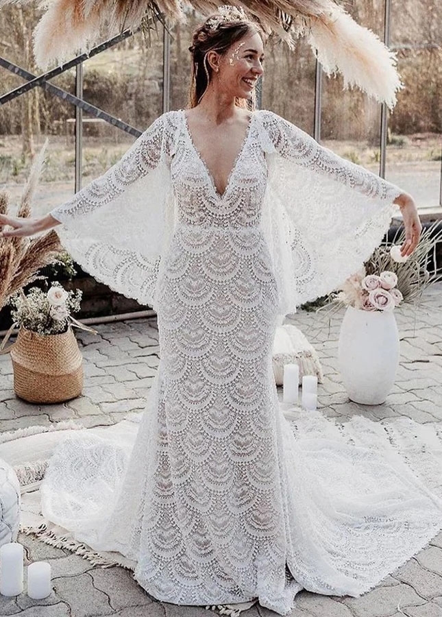 Unique Lace Wedding Dresses Bohemian Flare Sleeve Elegant Beach Bridal Gowns Mermaid