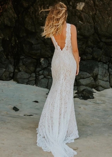 Unique Lace Wedding Dresses Elegant Mermaid Bridal Gowns With Slit