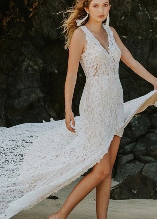 Unique Lace Wedding Dresses Elegant Mermaid Bridal Gowns With Slit
