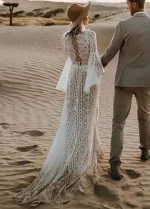 Unique Lace Wedding Dresses Flare Sleeve Bridal Gowns V-Neck